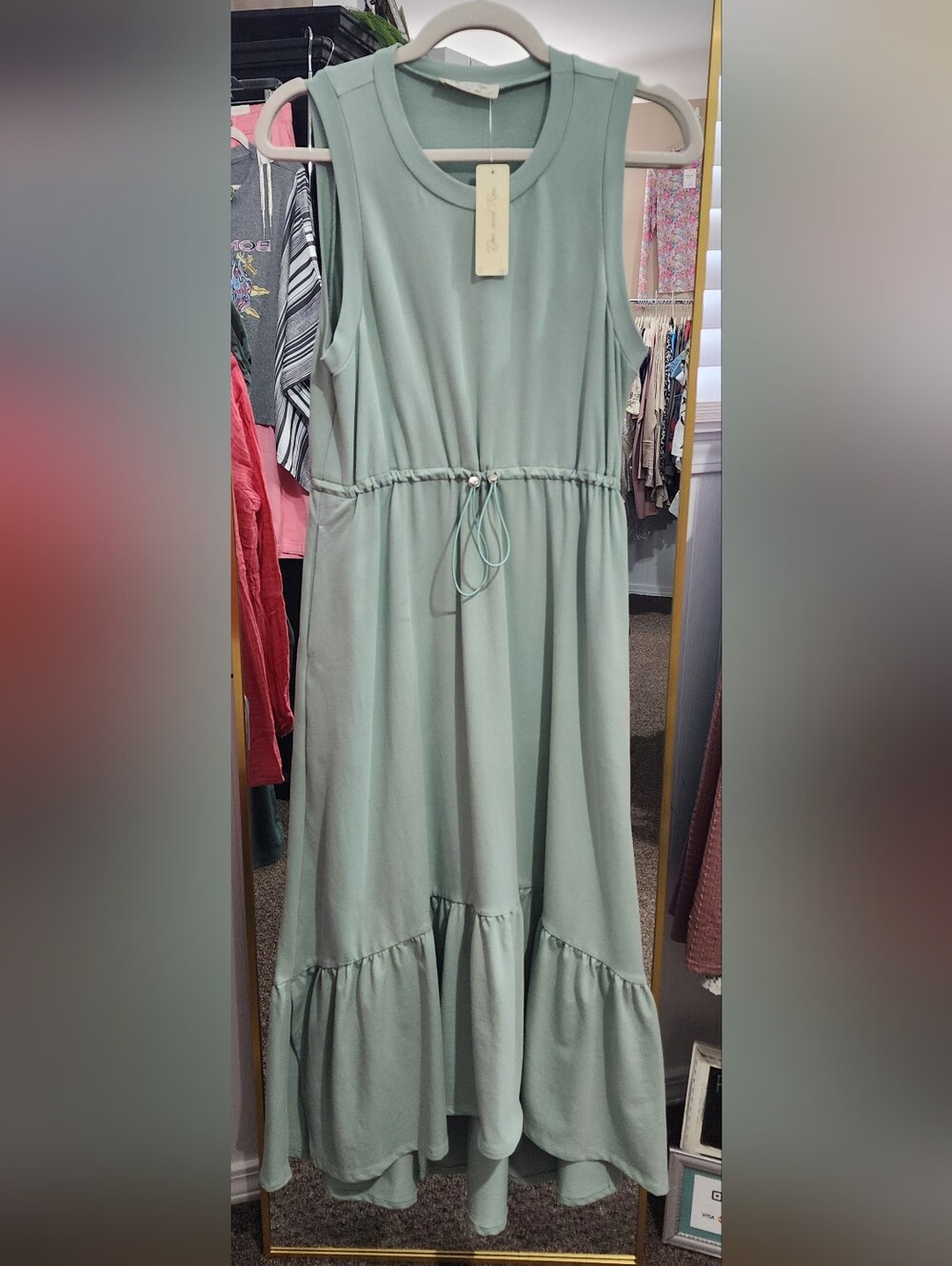 Doe & Rae Sleeveless Sage Green Drawstring Maxi Dress